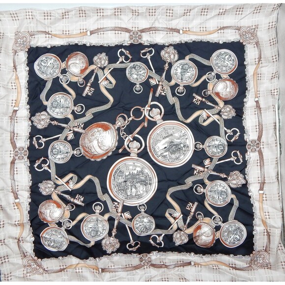 Armine Pocket Watch Silk Scarf Plaid Border Black Square France